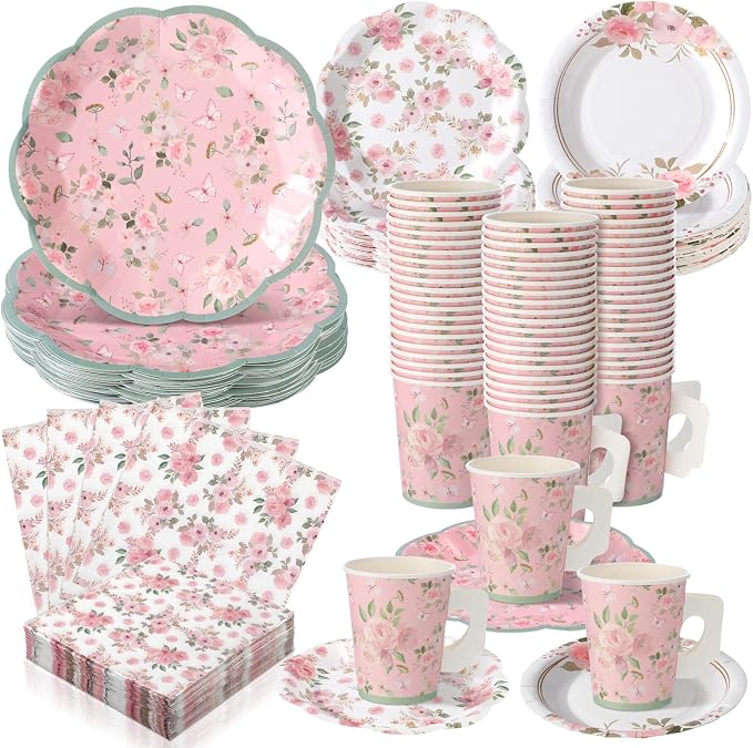 Pickmesh 252 Pcs Pink Floral Tea Party Supplies by Pickmesh