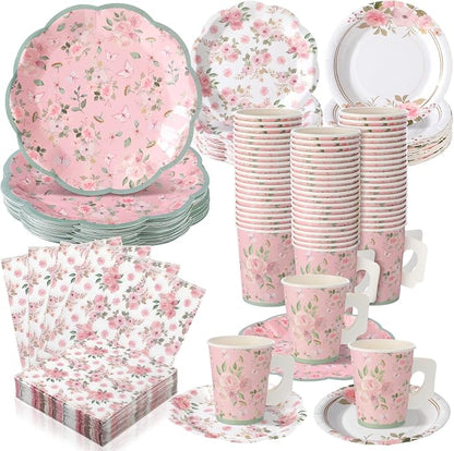 Pickmesh 252 Pcs Pink Floral Tea Party Supplies by Pickmesh