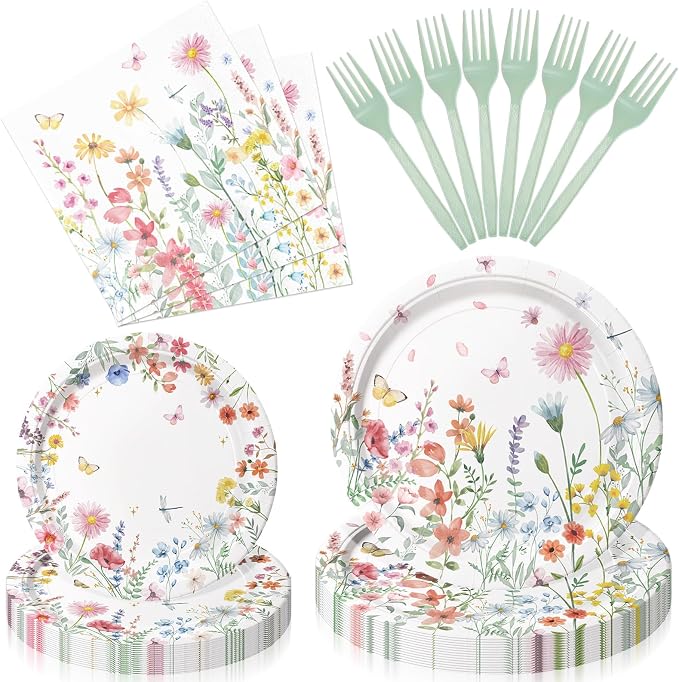 96 Pieces Spring Wildflower Floral Tableware Set – Garden Flower Disposable by GistomeHome