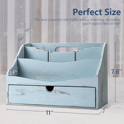 Rebee Vision Pine Wooden Mail Organizer for Desk - Rustic Farmhouse Mail Holder for Desk Organization with Drawer & Dividers - 4-Slot Letter Sorter, File Storage & Home Office Decor (Blue)