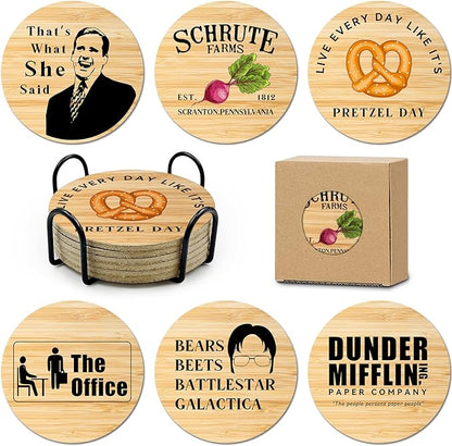 6 PCS The Office Cork Coasters for Drinks,The Office TV Show Merchandise,Funny Set with Coaster Holder,Dunder Mifflin Kitchen Decor,Michael Scott TV Themed Coasters Gifts for Fans