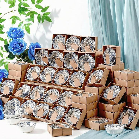 96 Pcs Wedding Favors for Guests Small Ceramic Bowl Bulk Gifts Set 3.3 Inch Floral Design Mini Dipping Sauce Dish with Card Box for Bridal Pooja Baby Shower Birthday Guest Gift (Blue)