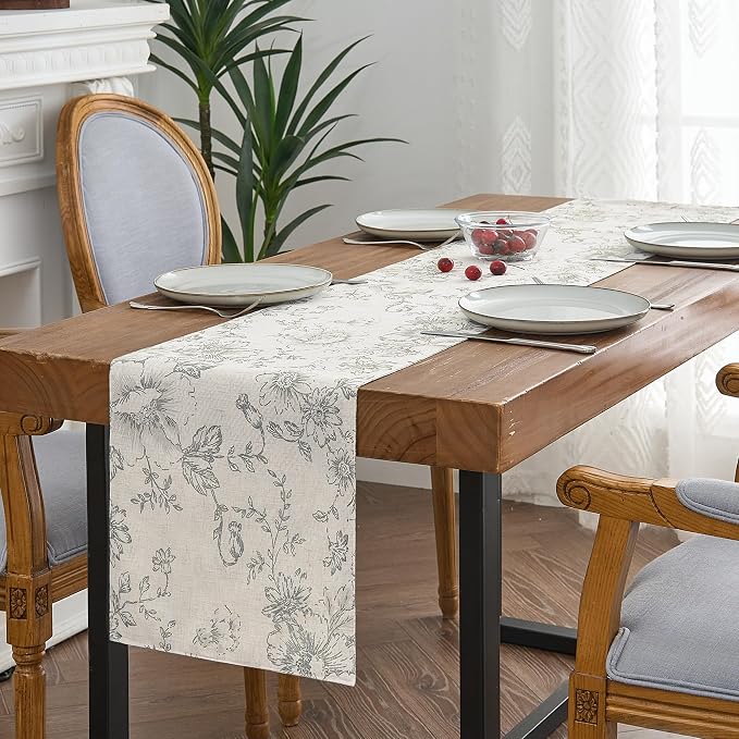jinchan Grey Floral Linen Table Runner 13 x 108 Inch Farmhouse | Understated - Image 2
