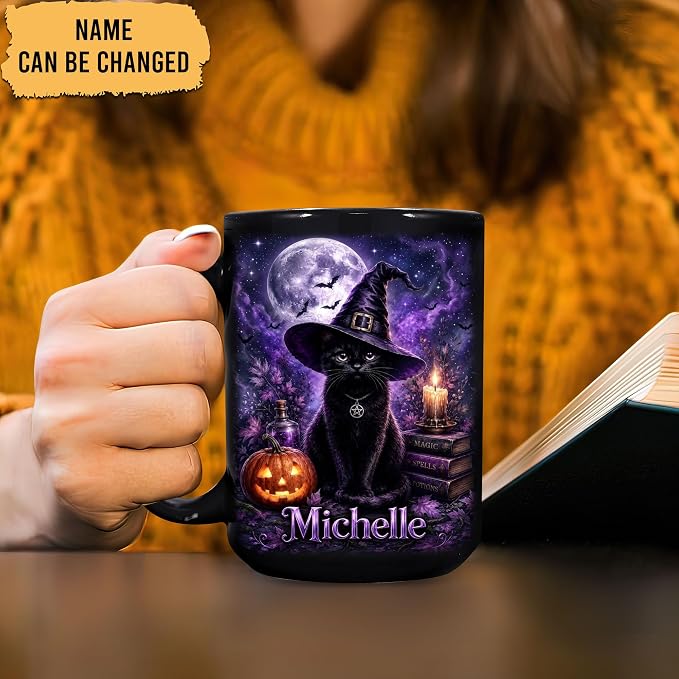 Hyturtle Personalized Halloween Black Cat Mug, Custom Name Gift - Image 2