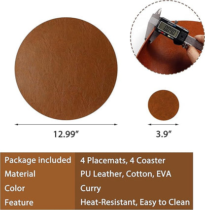 Set of 8 PU Leather Placemats, Waterproof Coffee Coasters, Kitchen Table Mats, Easy to Wipe Off for Dining Round Table