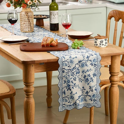 HunnmingRe 71x12 Inch Chinoiserie Table Runner Blue and White Floral Table - Image 7