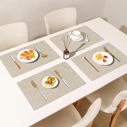 Faux Leather Placemats Set of 6, Heat Resistant Wipeable Washable Vinyl Place Mats, Waterproof Anti-Slip Dining Table Mats, Suitable for Indoor & Outdoor Use (Beige)