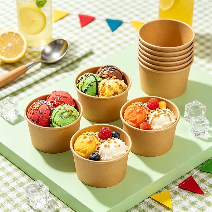 Disposable Kraft Ice Cream Bowls 100 Count - 9 oz Paper Sundae Cups | Party - Image 3