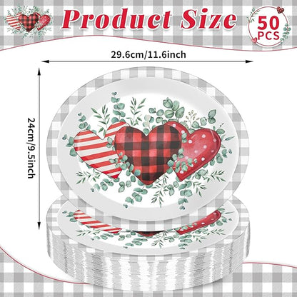 CHUNNIN 50Pcs Valentine's Day Party Supplies Valentines Party Oval Paper Plates 11.6 x 9.5in Eucalyptus Love Heart Disposable Tableware for Valentine's Day Anniversary Birthday Wedding Party Decor
