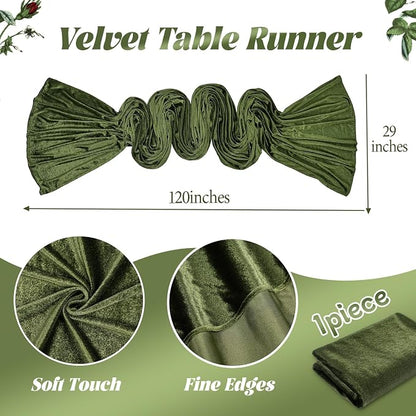 Olive Green Velvet Table Runner 29x120 Inch 10ft Long Soft Velvet Fabric | 10ft - Image 2