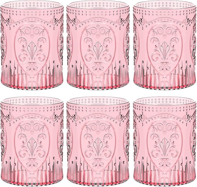Qinyoung 6 Plastic Vintage Drinking Glasses 8.5oz Stemless Retro Embossed Wine by Qinyoung