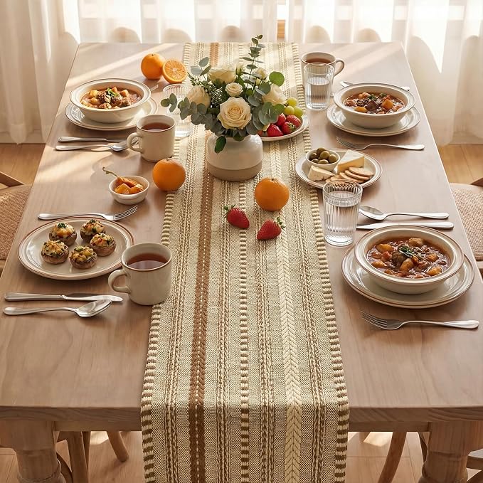 Artoid Mode Coffee Farmhouse Stripe Braided Table Runner 12x108 Inch | Holiday - Image 3