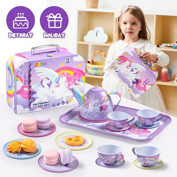 JOYIN Unicorn Tea Party Set for Little Girls, Pretend Purple Tin Teapot Set - Image 6