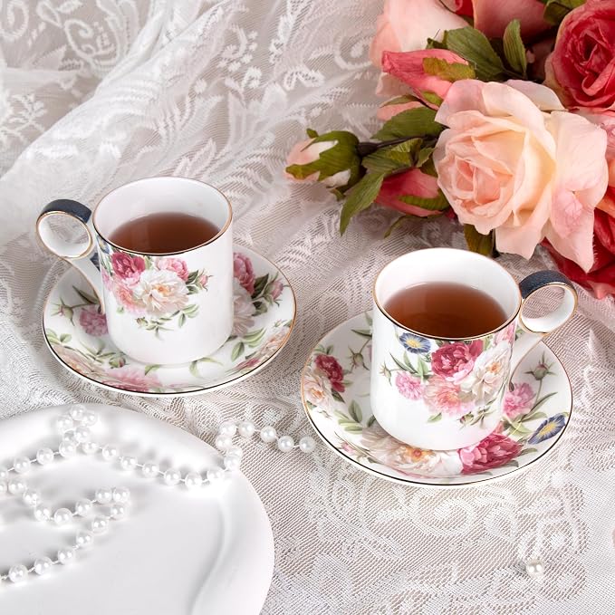 KAMMAK Tea Cups and Saucers Set of 2, Porcelain Coffee Cups, JBE014 | Stackable - Image 5