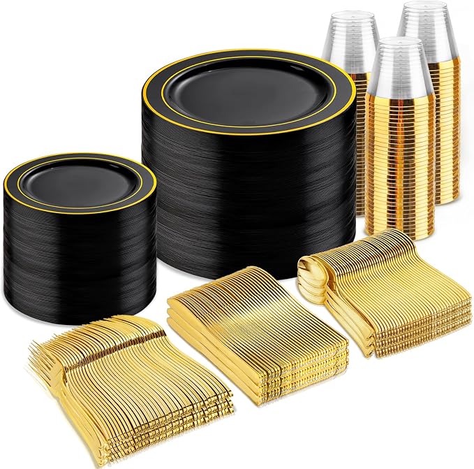 bUCLA 600PCS Black and Gold Disposable Dinnerware Set by BUCLA