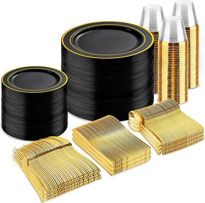 bUCLA 600PCS Black and Gold Disposable Dinnerware Set by BUCLA