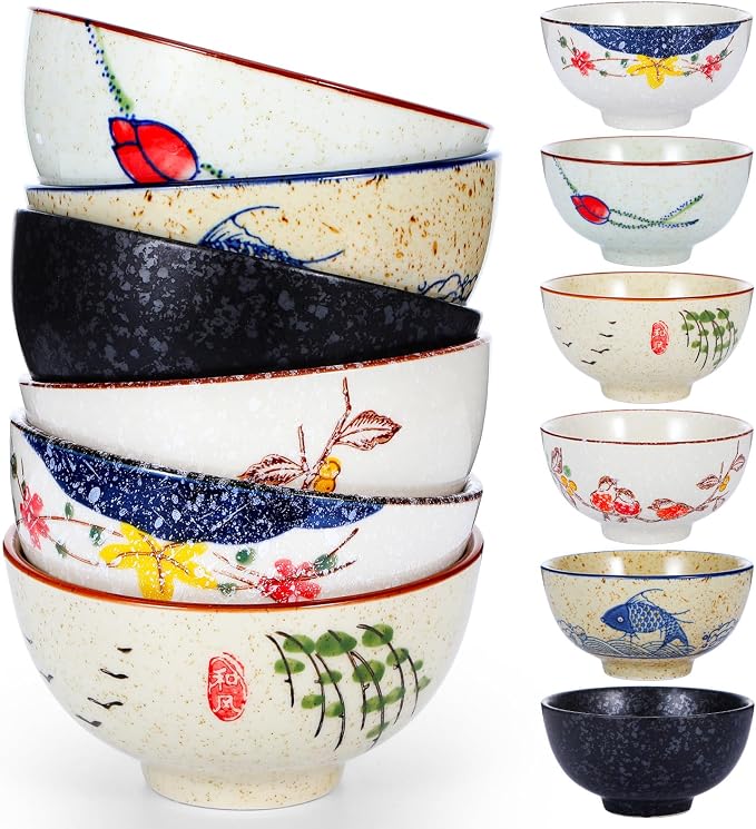Retro Ceramic Bowls Set for 6, 4.5 Inch Japanese Chinese Bowl Small by Unknown