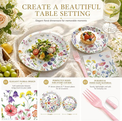 100 Pcs Spring Floral Party Supplies Set, Serves 25 – Disposable Flower Paper - Image 3