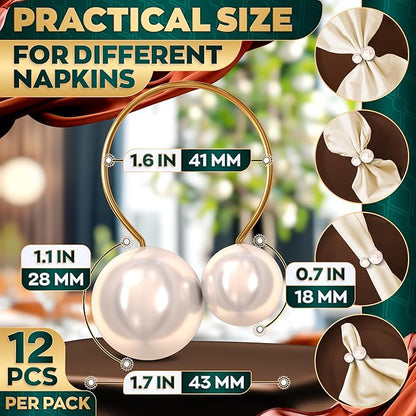 Gold Pearl Napkin Rings Set of 12 – Valentine Napkin Rings | Romantic Table Decor with Faux Pearls | Reusable, Metal & Scratch-Resistant Finish - for Weddings, Banquets, Holiday Dinners & Gift Giving