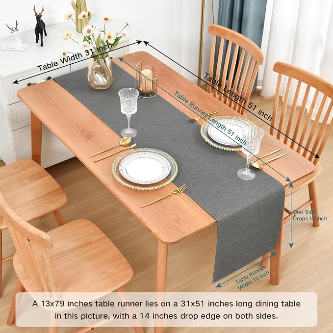 Faux Linen Table Runner Water Resistant 13 x 48 in, Charcoal | Farmhouse Rustic - Image 2