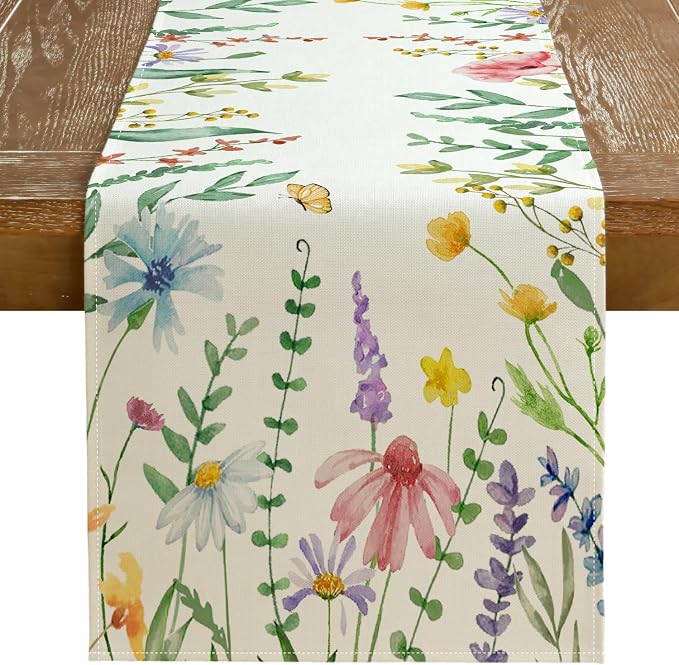 Spring Table Runner 13x108 Inch Watercolor Wild Flower Farmhouse Rustic Holiday by GEEORY