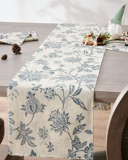 jinchan Blue Floral Linen Table Runner 13 x 72 Inch Farmhouse | Solid color - Image 2
