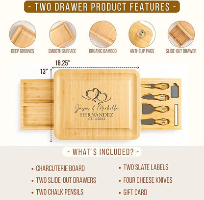 Personalized Bamboo Charcuterie Board Set with Fruit Tray - Housewarming, New Home, Gift for Couples, Wedding, Anniversary, Birthday, Bridal Shower, Women, Men, Valentines Day Gifts for Her, Him