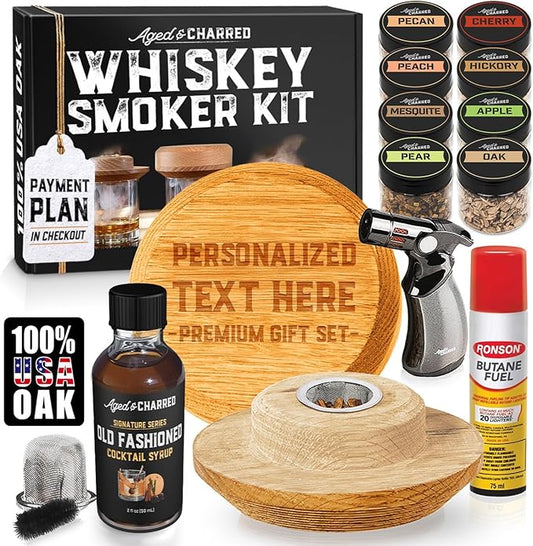 Personalised Whiskey Smoker Kit with Torch & Butane with Oak Wood Chips - Custom Engraved Smoke Lid for Bourbon & Old Fashioned Cocktails - Unique Whiskey Gifts for Men - Fits Various Glasses
