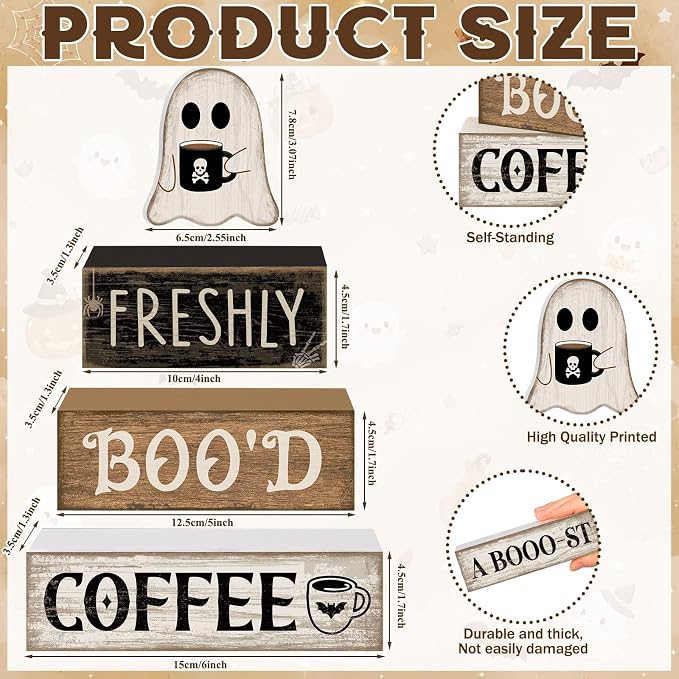 Moucuny 4 Pcs Halloween Coffee Table Decorations Cute Ghost Stacked Wooden Decor - Image 3