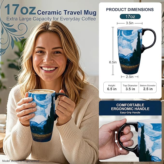 Topadorn 17oz Van Gogh Wheat Field Ceramic Travel Mug - Image 2