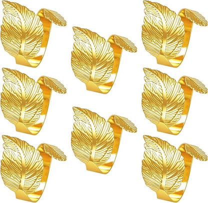 Gold Leaf Napkin Rings Set of 8,Metal Napkin Ring Holder Bulk for Holiday Party,Wedding,Banquet Elegant Table Setting,Classic Dining Room Decor (8)