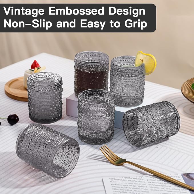 JOVGANK Grey Vintage Hobnail Drinking Glasses Set of 6, Embossed Water Tumbler - Image 6