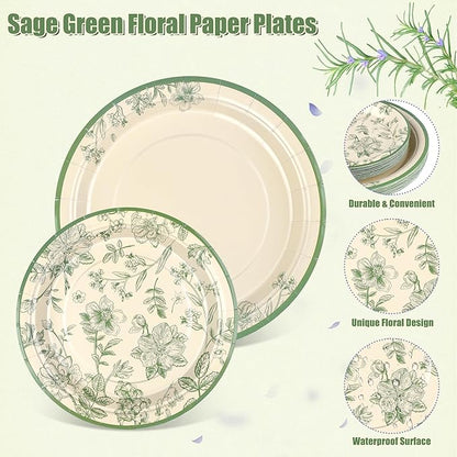 Kochorie 96 Pieces Sage Green Floral Party Supplies Elegant Floral Disposable Tableware Set Includes 9 Inch and 7 Inch Paper Plates, Cups, Napkins Serves 24 Guests for Birthday Baby Shower Wedding
