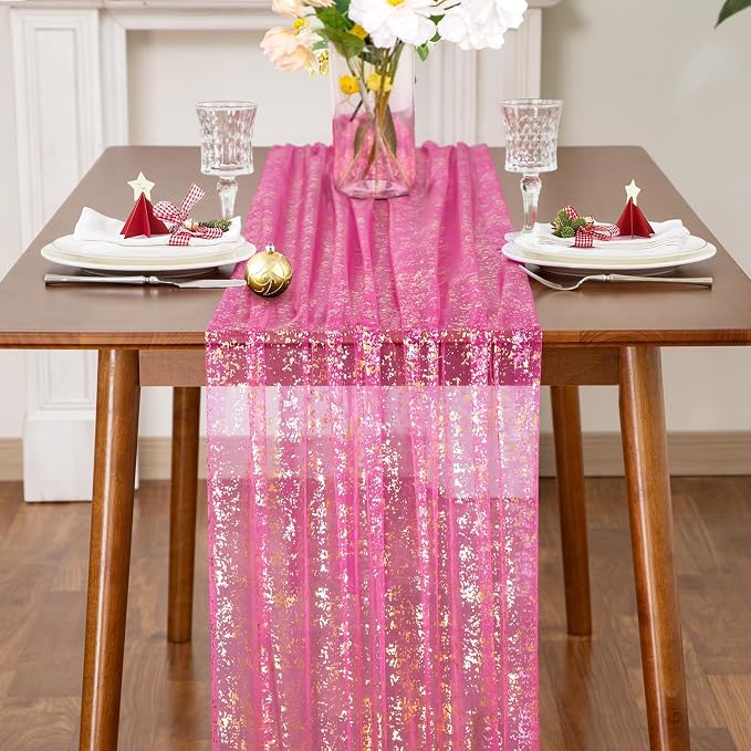 SiinvdaBZX 4 Pcs Hot Pink Sheer Tulle Table Runner 120 Inch/10 Ft Long | Gauze - Image 3