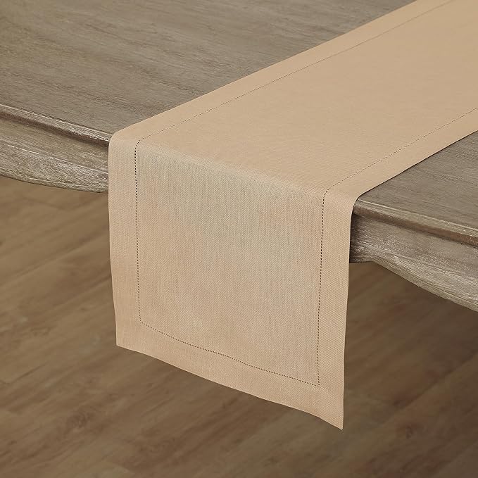 Solino Home 100% Pure Linen Dining Table Runner Beige Hemstitch, 14 x 48 in | - Image 2