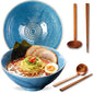8 Inch Ceramic Ramen Bowl Set of 2, 40oz Japanese Bowls with Spoons & Chopsticks,Durable,Microwave & Dishwasher Safe,Perfect for Ramen,Pho,Salad,Soup,Noodles，Mixing bowls（Azure）