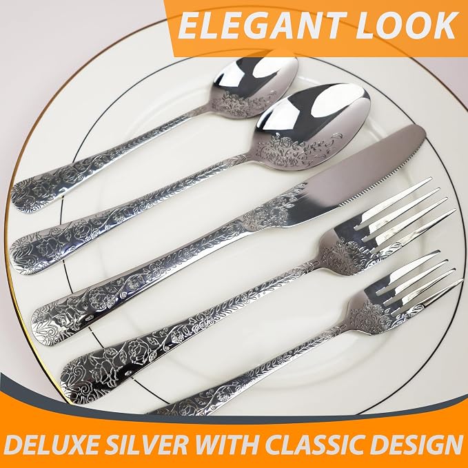 Runfly Modern Carved Floral Silver Stainless Steel 20-Piece Flatware Set | - Image 5