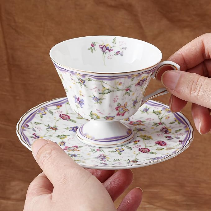 fanquare 5 Ounces Purple Floral Vines Porcelain Tea Cup and Saucer | Country - Image 5
