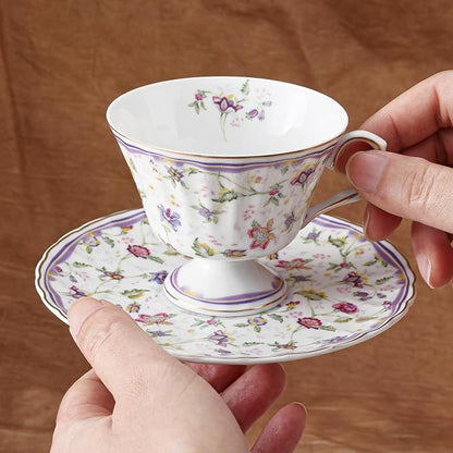 fanquare 5 Ounces Purple Floral Vines Porcelain Tea Cup and Saucer | Country - Image 5