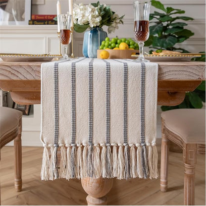 Caflife Boho Table Runner 90 Inchs Long Grey and Beige, Cotton and Linen Woven by Caflife