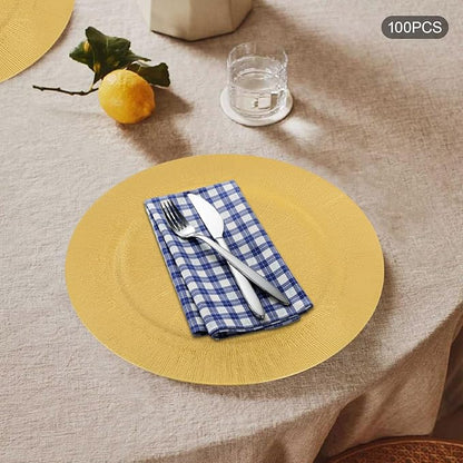 Charger Plates, 100pcs Gold 13inch Plastic Dinner Plate, Round Plastic Dinner Plate with Delicate Texture for Parties Wedding (Gold)