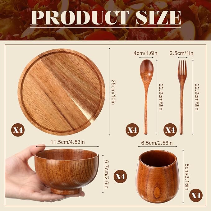 20 Pcs Acacia Wood Dinnerware Set 10 Inch Round Wooden Plates Bowls Tea Cups - Image 2