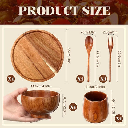 20 Pcs Acacia Wood Dinnerware Set 10 Inch Round Wooden Plates Bowls Tea Cups - Image 2