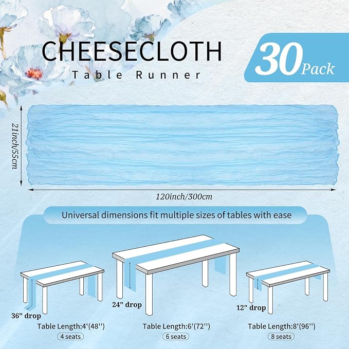 30 Pack Cheesecloth Table Runner 10FT Baby Blue Table Runner Light Blue Boho - Image 2
