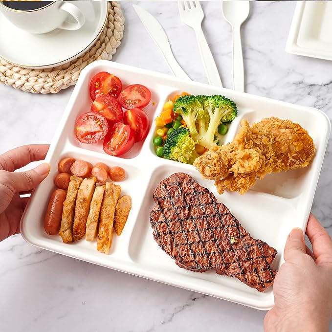 Compostable Disposable 5 Compartment Paper Plates, 10.25inch | 125 Pack - Image 4