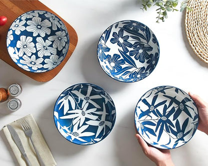 ONEMORE Ceramic Pasta Bowls Set of 4, 36 oz Salad Bowls, Large Kitchen Shallow Bowls Set-Vintage Blue Floral Pattern, Oven Microwave Dishwasher Safe, Scratch Resistant