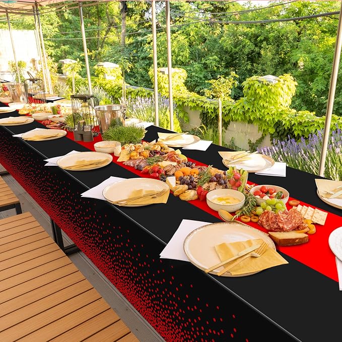 MASHAN 1Pcs Black and Red Tablecloth Party Decorations, Plastic Black Table - Image 7