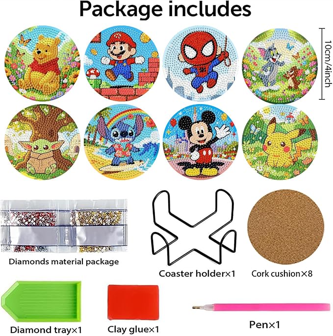 Cartoon Diamond Art Coasters for Adults & Kids, 7 Packs Diamond Painting - Image 2