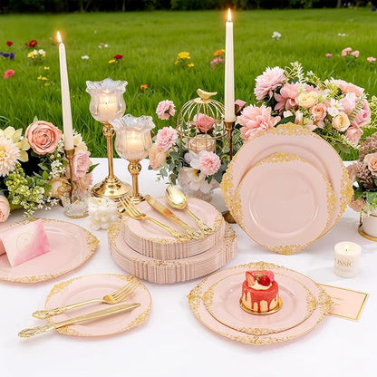 102PCS Pink Plastic Plates - Pink and Gold Plate - Heavyweight Disposable Plate with Gold Rim - Fancy Dinner & Dessert Plates for 51 Guests Weddings & Parties