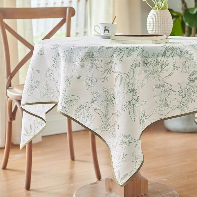 jinchan Green Floral Linen Square Table Cloth 50 x 50 Inch | Green botanical - Image 2